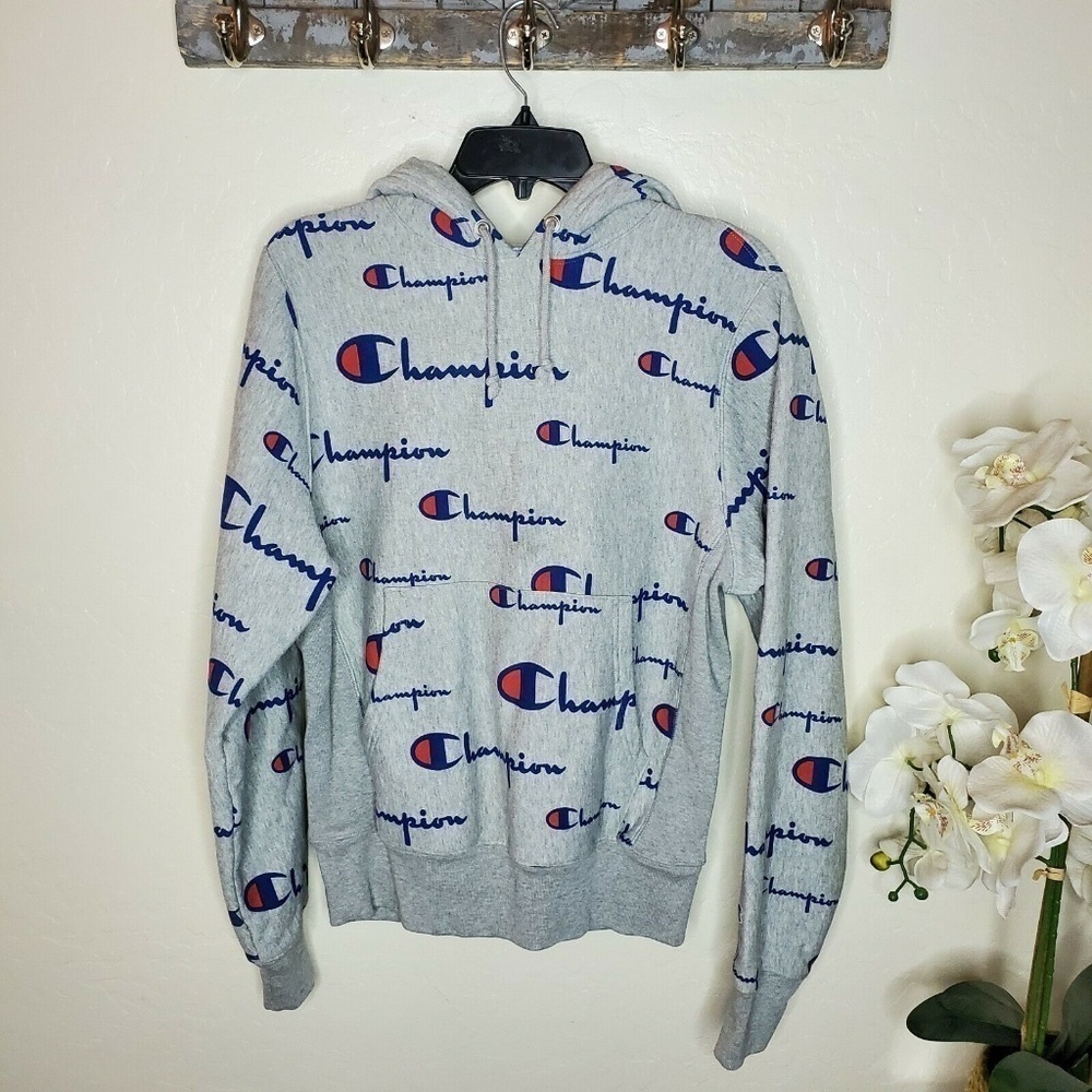 Champion Men’s Grey Logo Pullover Hoodie Sweatshirt Size Small